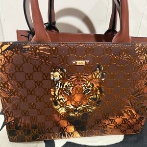Mario Valentino Brown Tiger-Print Patent Tote